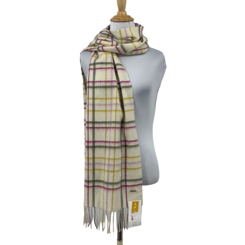 Joules Scarf Womens 72" X 11.5" Beige Berry Fairwell Check Wool Knit Tassel